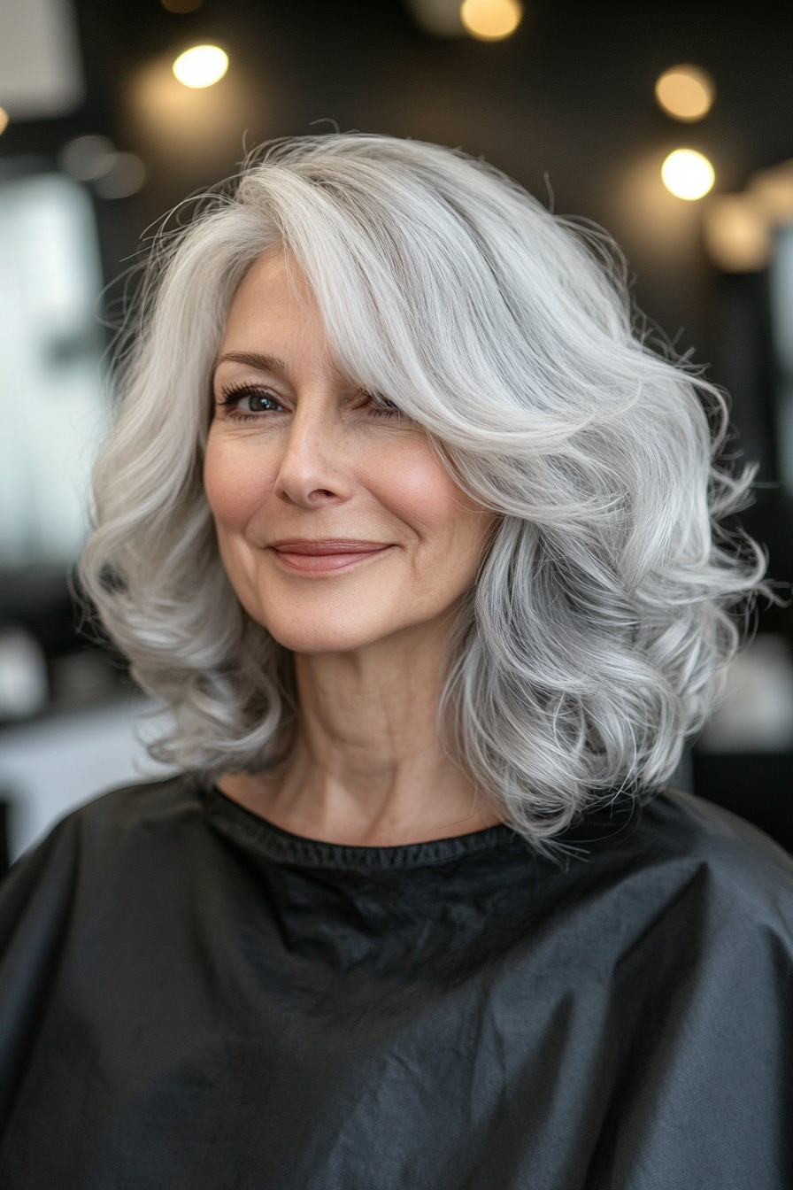 19. Loose Gray Curls with Fringe (Gray Hairstyles For Older Women) - Gray Hairstyles For Older Women
