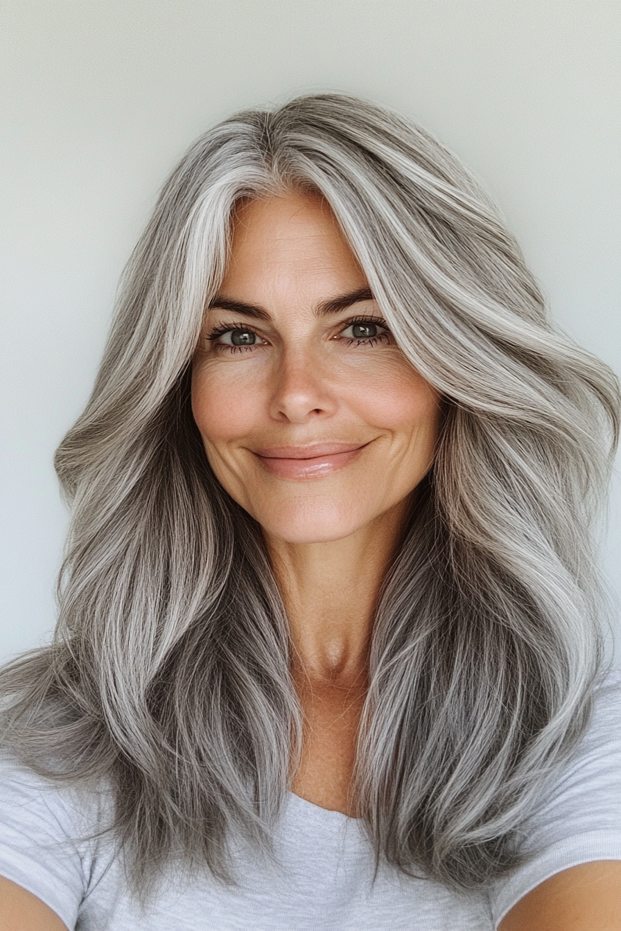 21. Gray Feathered Layers (Gray Hairstyles For Older Women) - Gray Hairstyles For Older Women