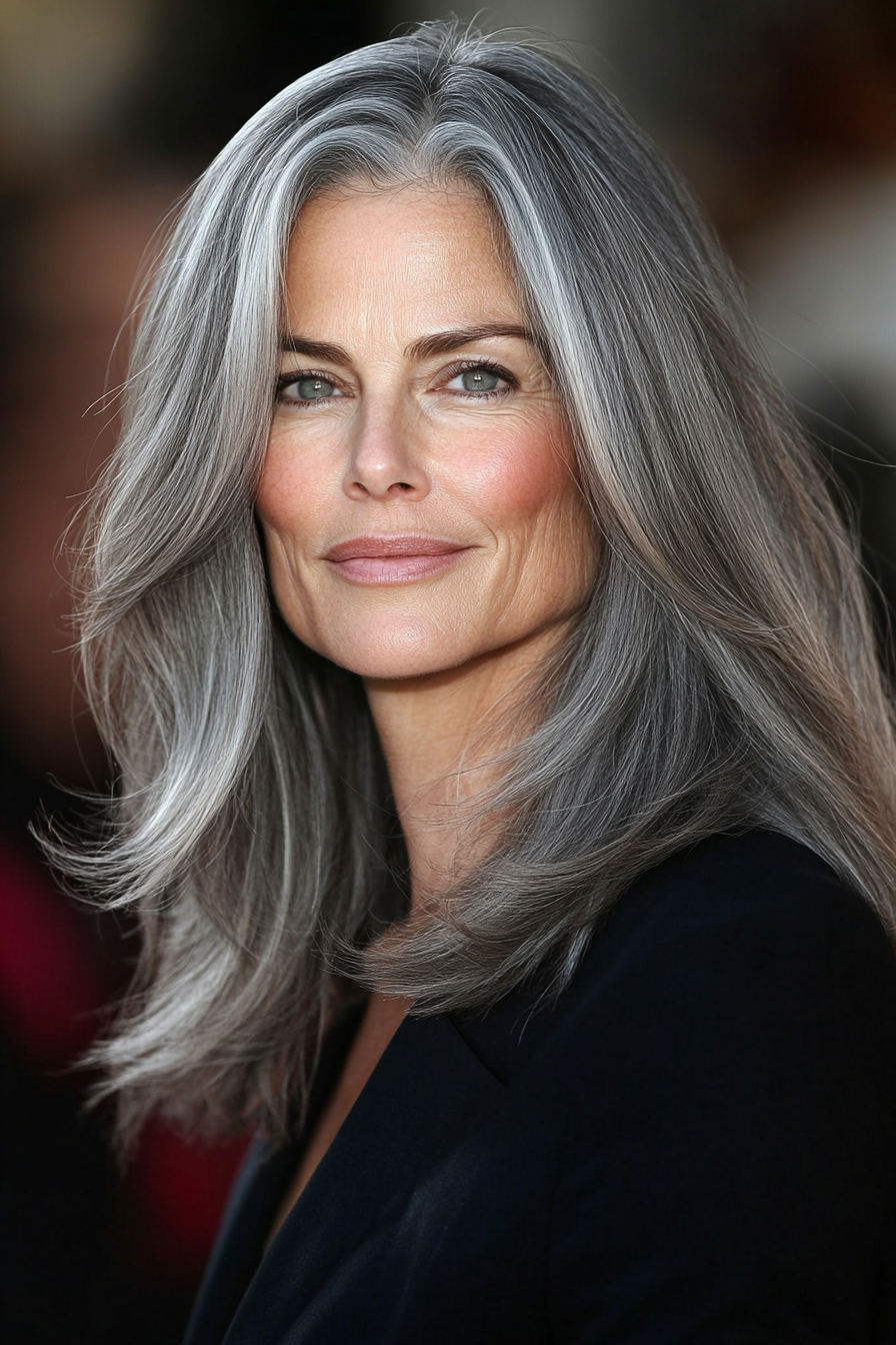22. Gray Long Bob with Face-Framing Layers (Gray Hairstyles For Older Women) - Gray Hairstyles For Older Women