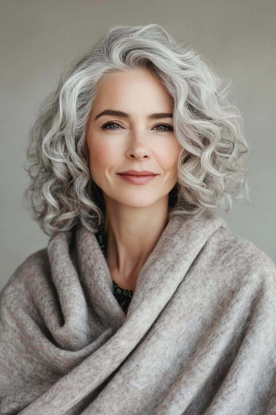 25. Gray Highlighted Curly Bob (Gray Hairstyles For Older Women) - Gray Hairstyles For Older Women