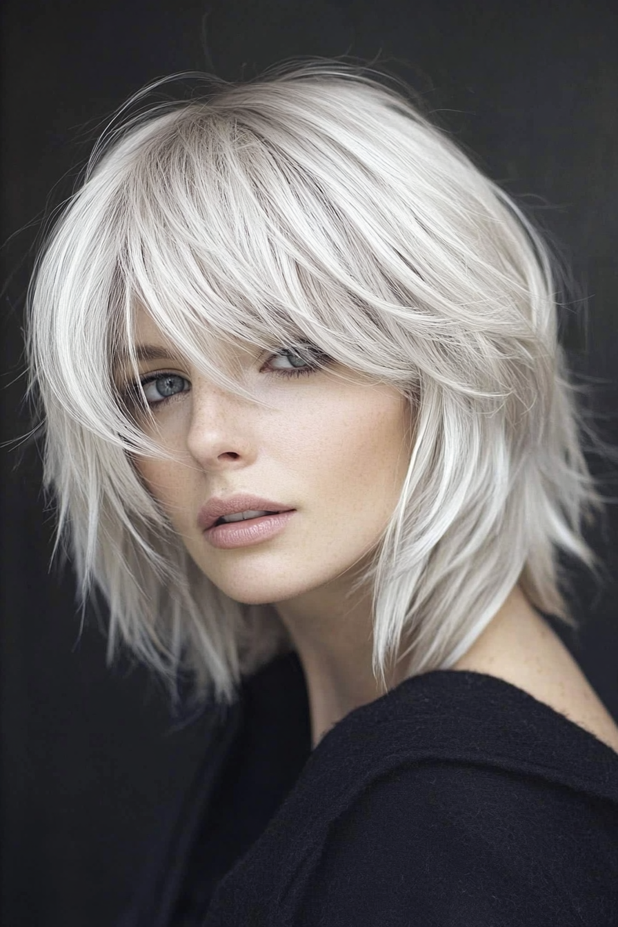 26. Layered Silver Bob with Bangs (Gray Hairstyles For Older Women) - Gray Hairstyles For Older Women