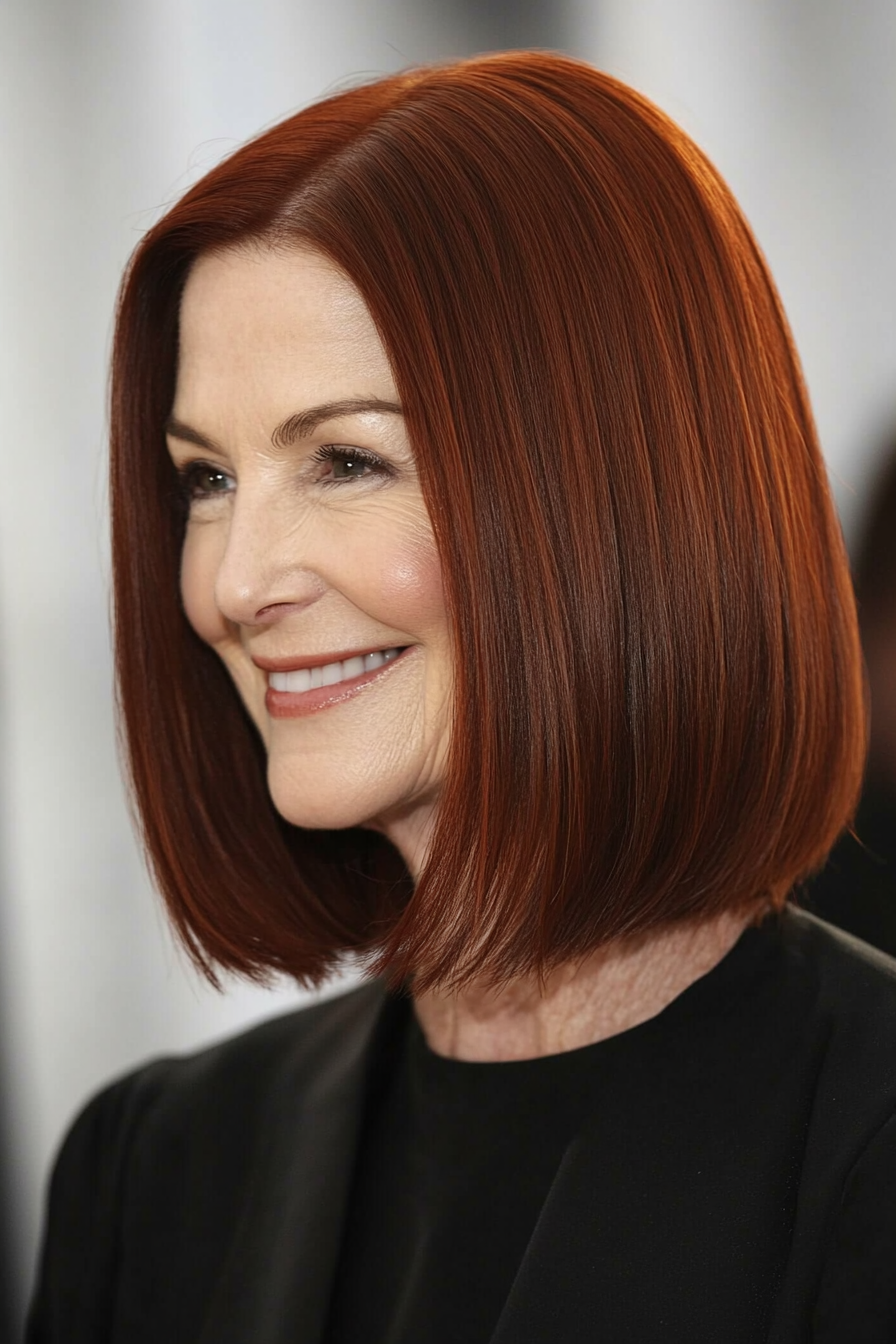 10. Sleek Long Bob – Dark Auburn (Haircuts For Women Over 60 With Fine Hair) - Haircuts For Women Over 60 With Fine Hair