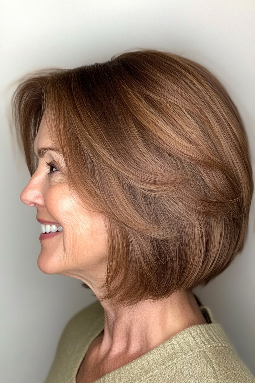 15. Layered Chin-Length Bob – Warm Brown (Haircuts For Women Over 60 With Fine Hair) - Haircuts For Women Over 60 With Fine Hair