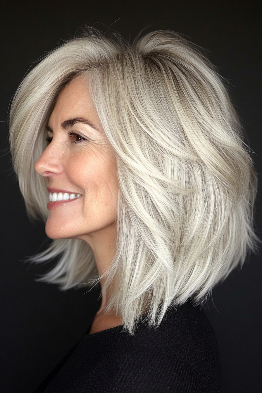 25. Choppy Textured Lob – Platinum Blonde (Haircuts For Women Over 60 With Fine Hair) - Haircuts For Women Over 60 With Fine Hair